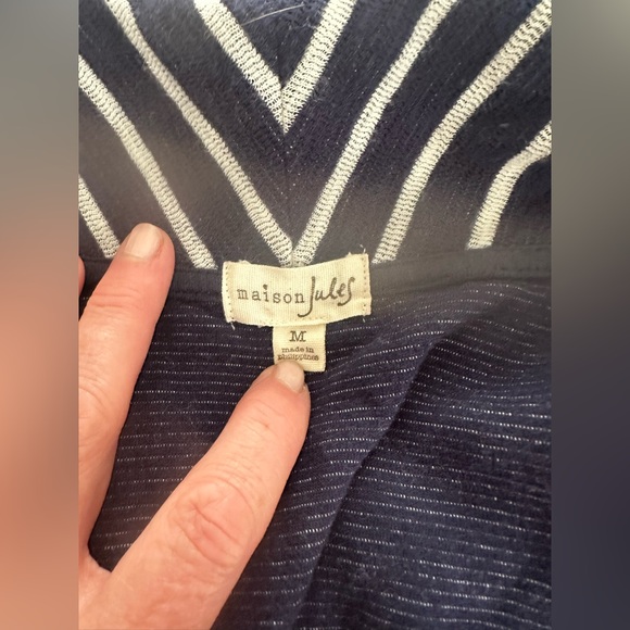 Maison Jules Navy and White Knit Striped Open Front Blazer with pockets. - Picture 2 of 5